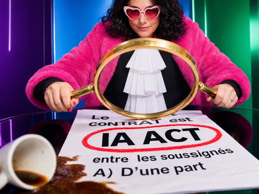 Une loupe sur un contrat marqué IA Act