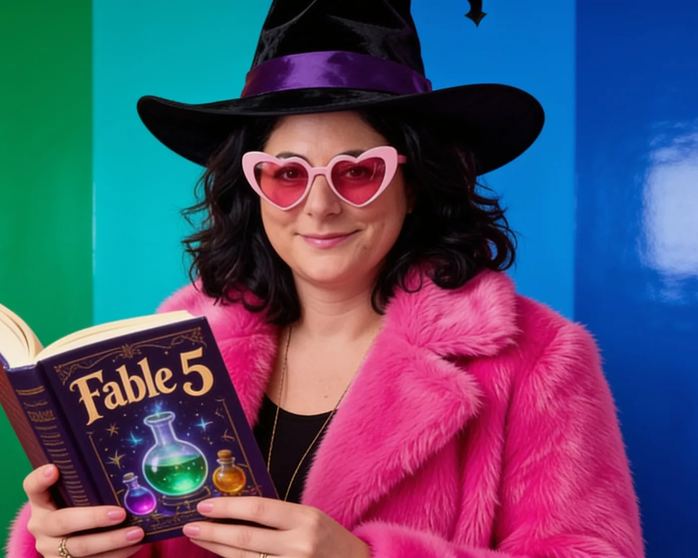 Yaelle David en chapeau de magicienne, un grimoire Fable 5 entre les mains