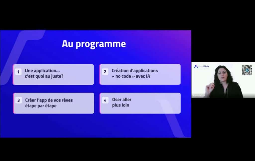 Diapositive de présentation d'une formation en ligne avec une intervenante de FormiaLab et le programme en quatre étapes sur fond bleu dégradé.