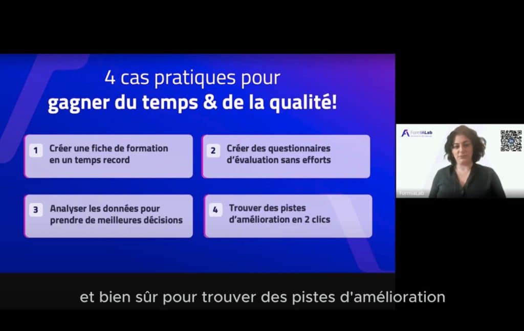 Diapositive d’une présentation FormIALab montrant 4 cas pratiques pour gagner du temps et de la qualité, avec une intervenante en visioconférence sur fond blanc.