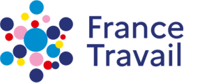 Logo de France Travail avec une constellation de cercles colorés et le nom écrit en bleu