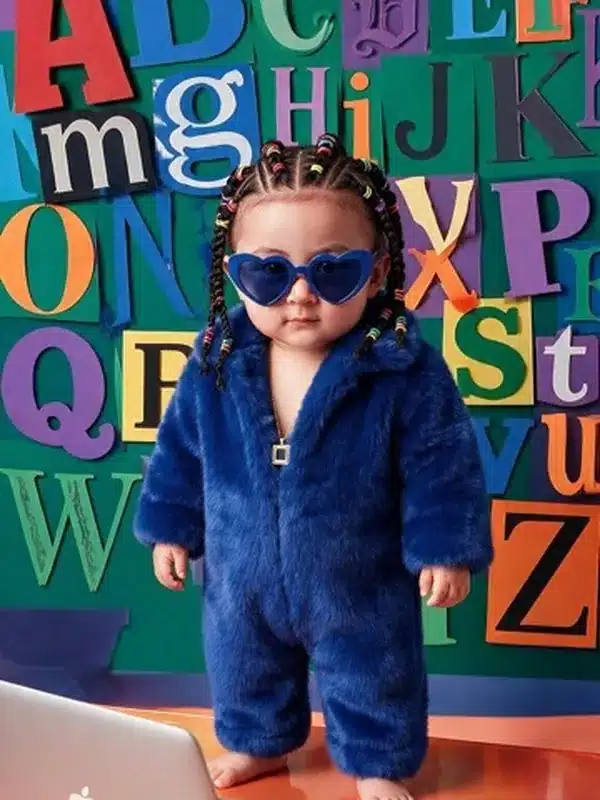 Bébé directrice artistique en fausse fourrure bleue devant un mur de lettres