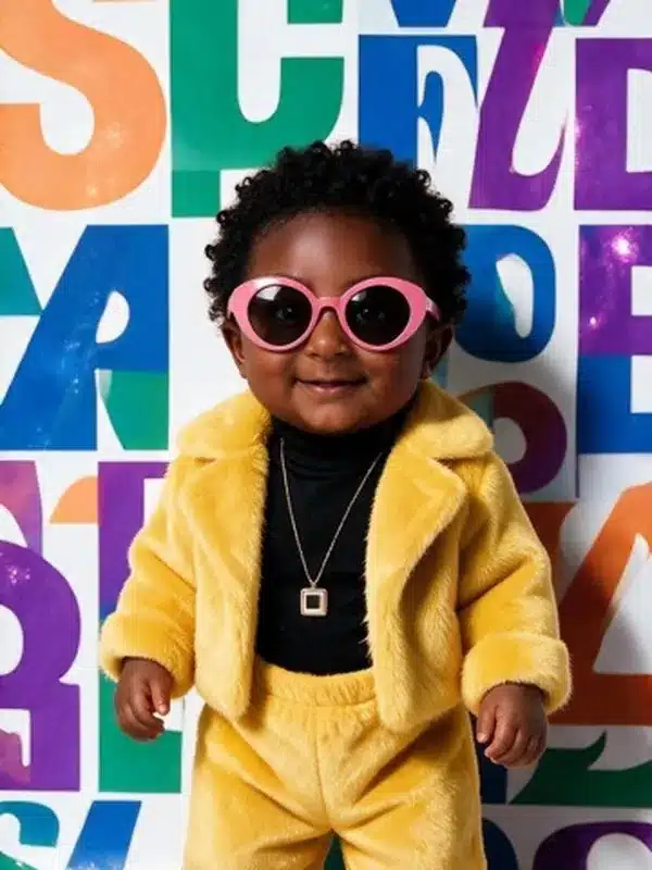 Bébé directeur artistique en fausse fourrure jaune devant un mur de lettres