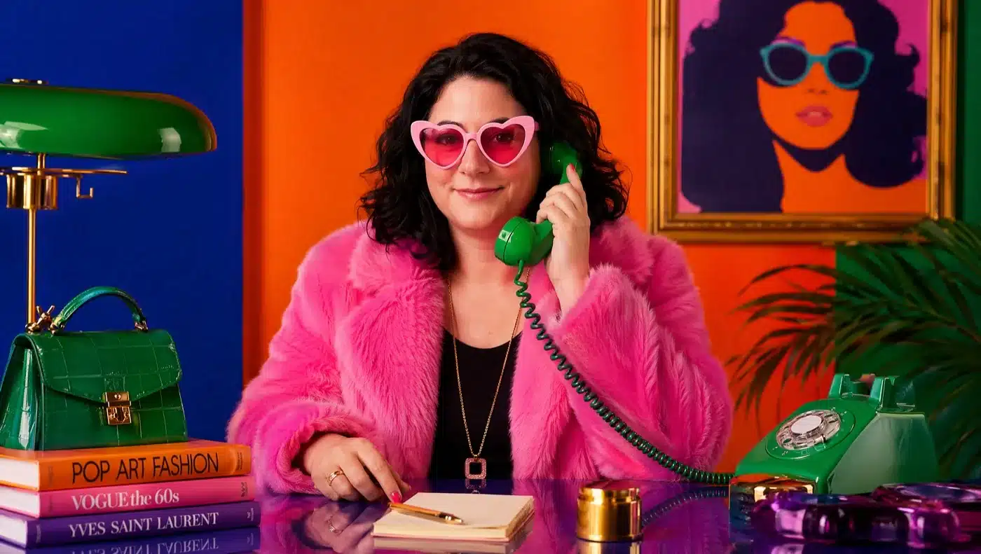 Yaelle David répond au téléphone vert vintage dans un décor pop art coloré